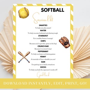 Può includere: Un elenco di controllo per un kit di sopravvivenza al softball stampabile con uno sfondo a strisce giallo e bianco. L'elenco include articoli come Smarties, acqua, Starburst, patatine fritte, una barretta croccante, menta piperita, un centesimo, chewing gum e calzini. Il testo "Softball Survival Kit" è in cima all'elenco. Il testo "Scarica istantaneamente, modifica, stampa, vai!" è in fondo all'elenco.