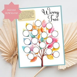 May include: A printable Worry Tree with a colourful watercolour design. The tree has 15 leaves, each with a circle for writing down worries. The text "Worry Tree" is written in a decorative font.