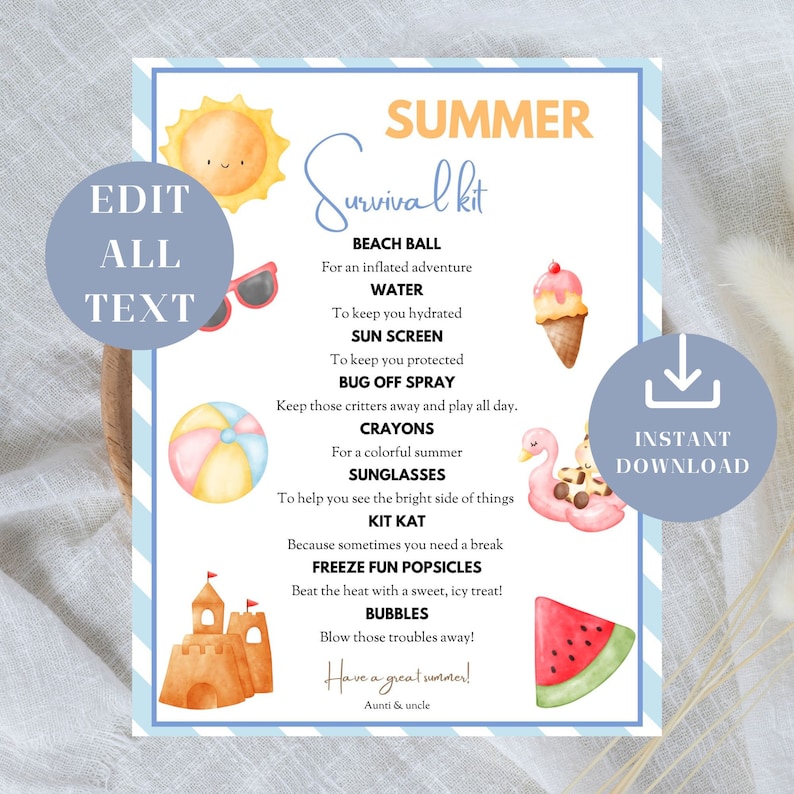 Kids Summer Survival Kit Card: Editable Gift Basket Tag (PDF) - Etsy