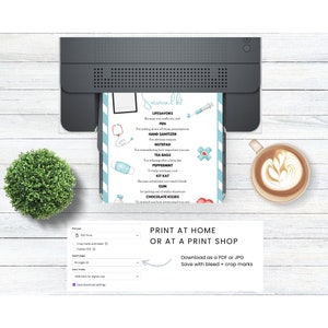May include: Printable survival kit checklist with a blue and white striped background. The checklist includes items like lifesavers, a pen, hand sanitizer, a notepad, tea bags, peppermint, a Kit Kat, gum, and chocolate kisses. The text "Print at home or at a print shop" is at the bottom of the checklist.