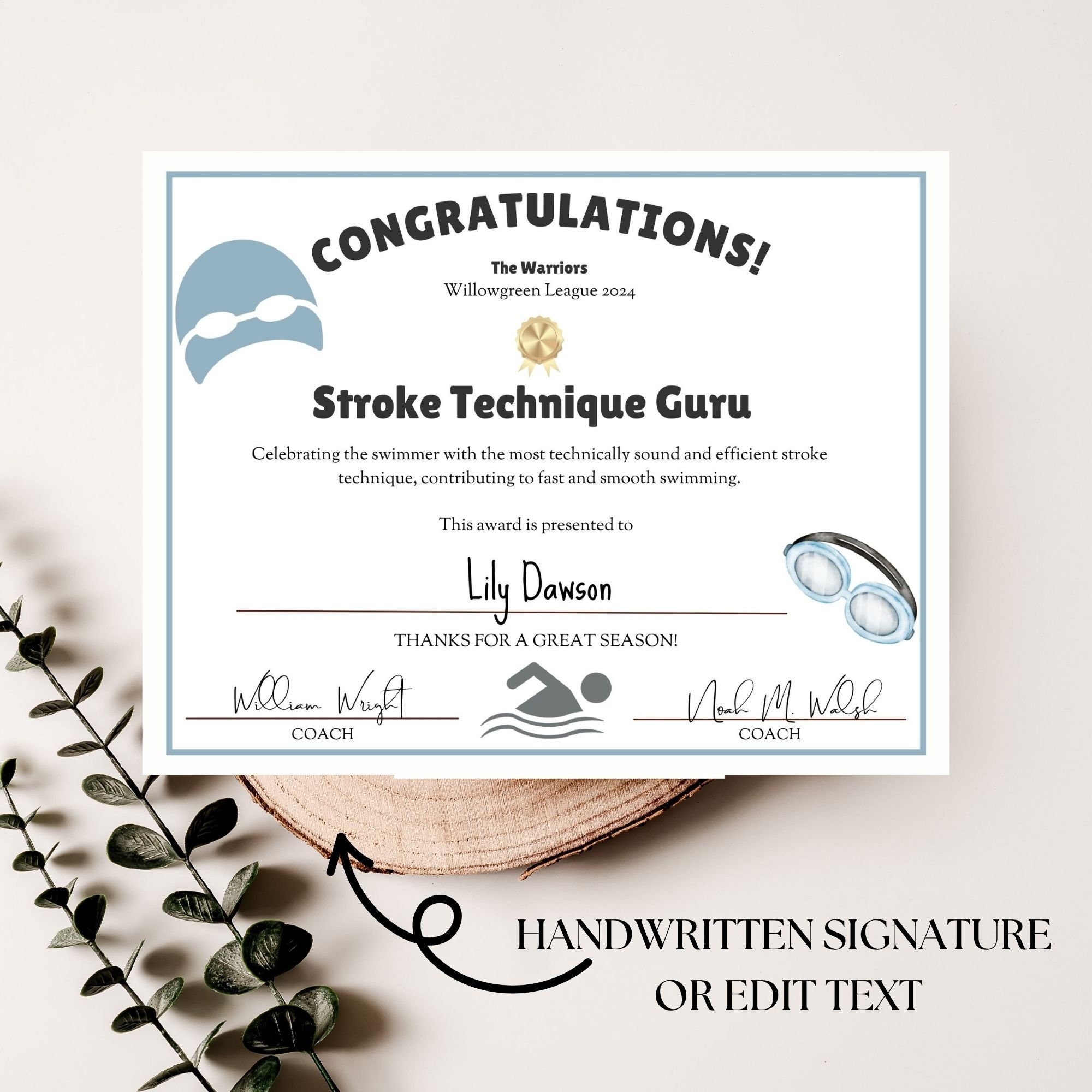 Swim Team Award Certificate, Ceremony Certificates, End of Season Banquet, Swimming Team Party ...