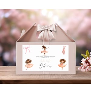 Caja de regalo con tutú negro editable, bonita caja de regalo para cumpleaños, recuerdo de fiesta de bailarina rosa para niña, etiqueta para caja de regalo, tarjeta de agradecimiento, obsequio para invitados, imprimible