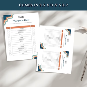 May include: A printable game sheet titled 1946 Younger or Older with a list of items to compare against a birth year. The design features retro wavy lines in orange, teal, and cream. Text includes COMES IN 8.5 X 11 & 5 X 7 and a list of items.
