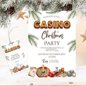 Uitnodiging kerstfeest casino, pokerspelavond vakantieuitnodiging, feestelijke evenementkaart, bewerkbare seizoensgebonden kerstbijeenkomst, kaarten roulette