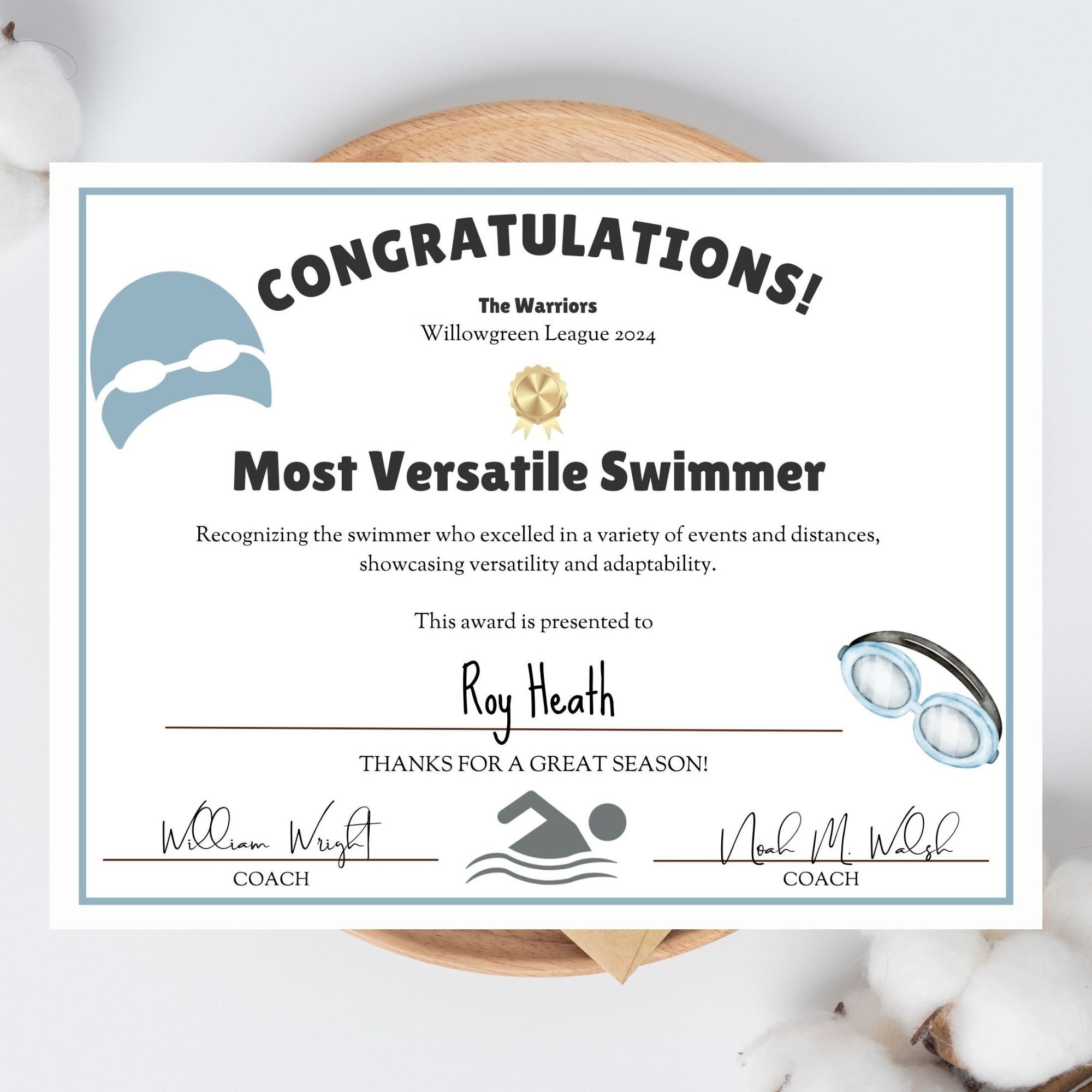 Swim Team Award Certificate, Ceremony Certificates, End of Season Banquet, Swimming Team Party ...