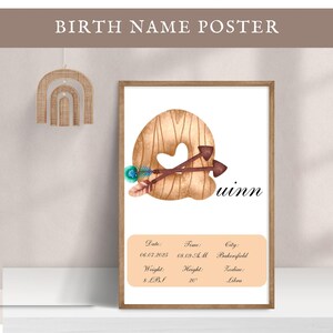 Póster con nombre personalizado editable, letra Q, decoración de guardería, letrero, impresión de estadísticas de nacimiento de niña y niño, arte de pared para habitación de niños, idea de regalo para baby shower