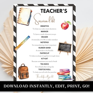 Teacher Survival Kit Printable, Back to School, Pta pto, Appreciation, Thank You Gift Idea, Editable Canva, Goodie Bag Tag, First Day