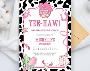 Pink Cowgirl Birthday Invitation: Disco Rodeo, Western Party (Editable Canva Template)