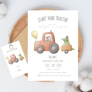 Invitación de cumpleaños infantil con tractor rojo, plantilla editable de Canva, para cualquier edad, para niño y niña, imprimible, temática de granja y granero.