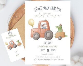 May include: A birthday invitation with a watercolor illustration of a tractor driven by a mouse, pulling a trailer with an alligator. The text reads "Start Your Tractor" and "Julian's 3rd Birthday is Almost Here!" Includes a matching thank you tag.