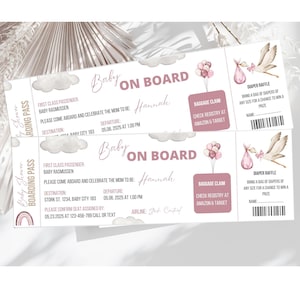 Bordkarte für Babypartyeinladung, Mädchen Pink Stork Travel Themed Invite, bearbeitbare Karte, Adventure Awaits Party, Fake Ticket Vorlage