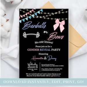 Faire-part de fête avec haltères ou noeuds, invitation modifiable pour fille ou garçon, douche pour couples mixtes, noeud bleu et rose, lui ou elle, fête des bébés