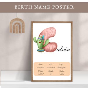 Póster con nombre personalizado editable, letra C, decoración de guardería, letrero, impresión de estadísticas de nacimiento de niña y niño, arte de pared para habitación de niños, idea de regalo para baby shower