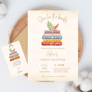 Invitación de cumpleaños One for the Books, tema de cuento de hadas editable, primer cumpleaños, nuevo capítulo uno, invitación para cumplir 1 año, fiesta unisex para niñas y niños, Canva