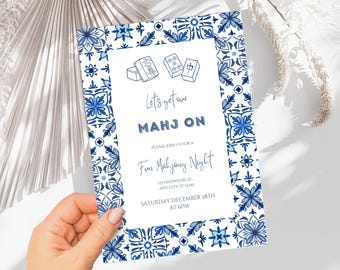Editable Mahjong Game Night Invitation: Elegant Blue Tile Design (Template Canva)