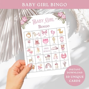 Bingo bébé fille, jeu de baby shower, 50 cartes de bingo florales roses, c'est une fille, images aquarelles, fête de révélation du sexe, téléchargement numérique