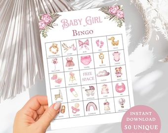 Baby Shower Bingo Game: 50 Pink Floral Cards (Digital Download)