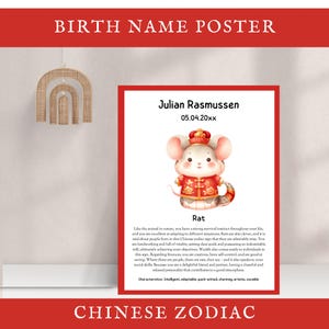 Affiche du nom de naissance, nouvel an chinois, description du signe du zodiaque pour enfants, art mural pour chambre d'enfant, décoration de chambre d'enfant, modifiable, année du rat