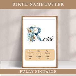 Póster con nombre personalizado editable, letra R, decoración de guardería, letrero, impresión de estadísticas de nacimiento de niña y niño, arte de pared para habitación de niños, idea de regalo para baby shower