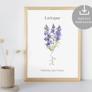 Juli Geburtsmonat Blume, Rittersporn Bedeutung, Aquarell Minimales Kinderzimmer Dekor, Geburtstag Geschenkidee, Baby Shower Geschenk