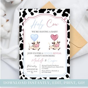 Faire-part révéler le sexe de la vache Highland, invitation à une fête de la vache sacrée, baby shower lui ou elle, thème animaux de la ferme, carte modifiable, grossesse fille ou garçon