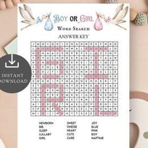 Quebra-cabeça de menina, atividade de busca de palavras para revelação do sexo do bebê, jogo de chá de bebê, palavras cruzadas para menino ou menina, comemoração, diversão para impressão DIY