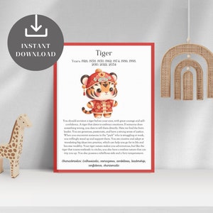 Tiger Sternzeichen Poster für Kinder, Chinesisches Neujahr Sternzeichen Beschreibung, Wandkunst für Kinderzimmer, Geschenkidee-Babyparty