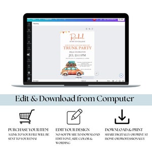 May include: A laptop screen displaying a digital invitation for a college send-off trunk party. The invitation features a watercolor illustration of a vintage car with luggage on top, and the text "Rachel is off to college".