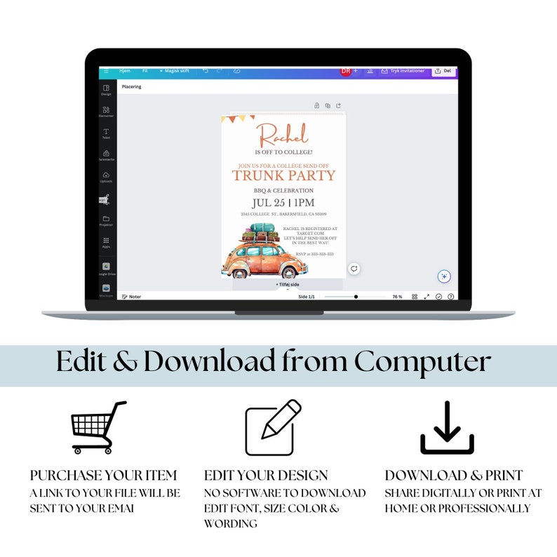 May include: A laptop screen displaying a digital invitation for a college send-off trunk party. The invitation features a watercolor illustration of a vintage car with luggage on top, and the text "Rachel is off to college".