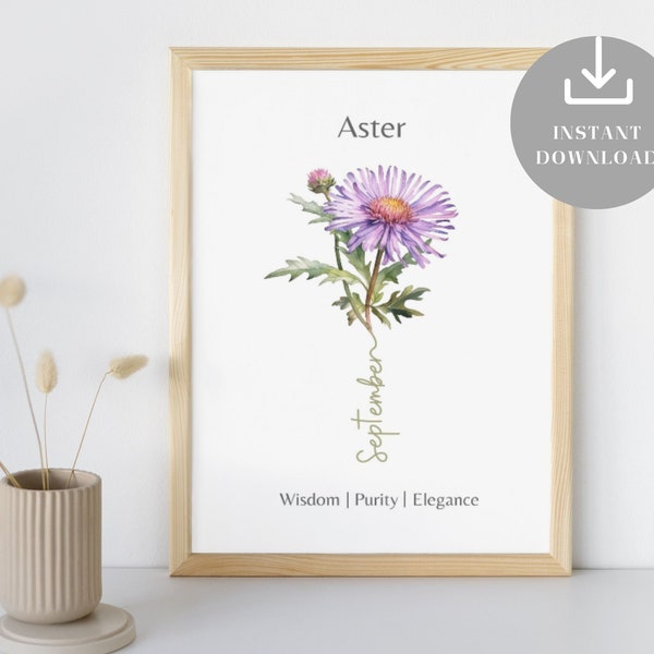 September Birth Month Flower Printable Wall Art, Aster Meaning, Watercolor Minimal Nursery Decor, Birthday Gift Idea, Baby Shower Present