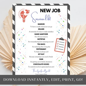 New Employee Survival Kit, New Job Tag Editable Template, Career Congratulations Gift Idea ...