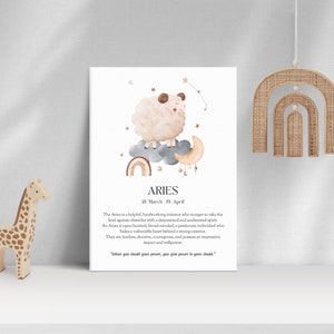 Plakat ze znakiem zodiaku Baran dla dzieci, cytat i opis znaku zodiaku, sztuka ścienna boho do pokoju dziecięcego, wystrój pokoju dziecięcego, pomysł na prezent na baby shower