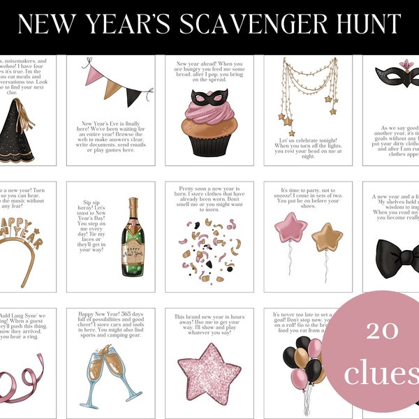 New Year's Eve Scavenger Hunt for Kids, New Years Treasure Hunt Clue Printable, Simple & Easy Activity for Children, NYE Party Game Download