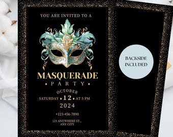Masquerade Party Invitation: Black, Gold & Turquoise Mask (Editable Template)