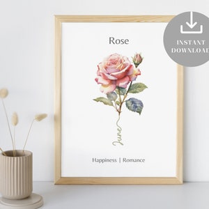 Arte de pared imprimible con flores del mes de nacimiento de junio, significado de la rosa, decoración mínima de la guardería en acuarela, idea de regalo de cumpleaños, regalo de baby shower