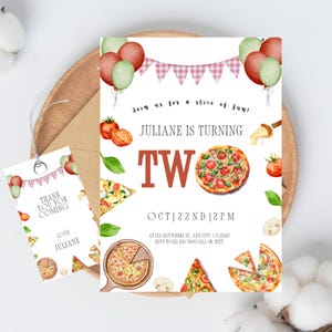 Invitación para el segundo cumpleaños de una niña con pizza, invitación de cumpleaños, plantilla editable de Canva, fiesta de pizza para niños imprimible con temática italiana para el segundo cumpleaños