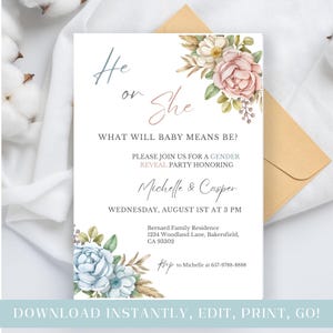 Tarjeta de invitación para revelar el género de la niña o del niño, invitación editable, fiesta de despedida de soltera para parejas mixtas, flores rosas y azules, él o ella, descarga digital, floral