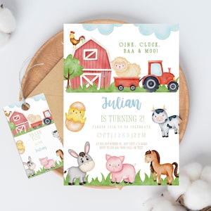 Boerenerf 2e verjaardag uitnodigen, uitnodiging jongen boerderijdieren, bewerkbare sjabloon Canva, elke leeftijd, tweede keer draaien, afdrukbaar kinderfeestje