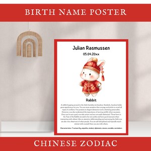 Affiche du nom de naissance, Nouvel an chinois, Description du signe du zodiaque pour enfants, oeuvre d'art murale pour chambre d'enfant, décoration de chambre d'enfant, modifiable, Année du lapin