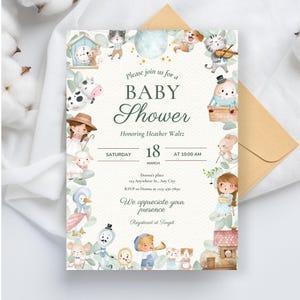 Invitación para baby shower con rima infantil, invitación con temática de cuentos, tarjeta editable, plantilla de Canva de Mother Goose, personajes de libros, cuentos infantiles