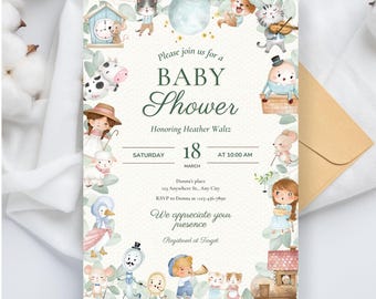 May include: A baby shower invitation with a watercolor illustration of animals and a clock. The invitation is for Heather Waltz on Saturday, March 18th at 10:00 AM. The text on the invitation reads "Please join us for a Baby Shower Honoring Heather Waltz Saturday, March 18th at 10:00 AM Donna's place 123 Anywhere St. Any City RSVP to Donna at 123-456-7890 We appreciate your presence Registered at Target"