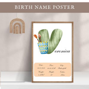 Póster con nombre personalizado editable, letra V, decoración de guardería, letrero, impresión de estadísticas de nacimiento de niña y niño, arte de pared para habitación de niños, idea de regalo para baby shower