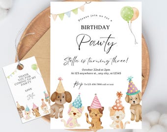 Könnte beinhalten: Eine Geburtstagseinladung mit Pfoten-Motiv. Die Einladung zeigt ein buntes Banner, Ballons und eine Gruppe von Comic-Tieren, die Partyhüte tragen. Der Text auf der Einladung lautet: "Bitte feiern Sie mit uns eine Geburtstags-Pfotenparty Stella wird drei! 22. Oktober um 14:00 Uhr In der 123 anywhere st., any city, st 12345 RSVP An 123-456-7890 anrufen oder SMS schreiben"