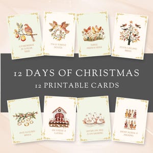 12 Days of Christmas druckbare Karten, Zwölf Tage Weihnachten, Set zum sofortigen Download, Urlaubsgruß, Geschenkverpackung, DIY Adventskalender-Countdown