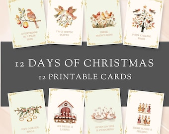 12 Days of Christmas Printable Cards, Twelve Days of Xmas Set, Instant Download, Holiday Greeting, Gift Wrap, DIY Advent Calendar Countdown