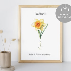 Marzo mes de nacimiento flor imprimible arte de la pared, significado del narciso, decoración mínima de la guardería de la acuarela, idea del regalo de cumpleaños, regalo del baby shower