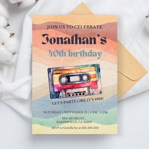 Convite para festa de aniversário de 40 anos, De volta aos anos 80, Fitas mistas, Convite retrô descolado, Homem, mulher, completando quarenta anos, Cassete Greatest Hits, Editável