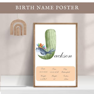 Póster con nombre personalizado editable, letra J, decoración de guardería, letrero, impresión de estadísticas de nacimiento de niña y niño, arte de pared para habitación de niños, idea de regalo para baby shower
