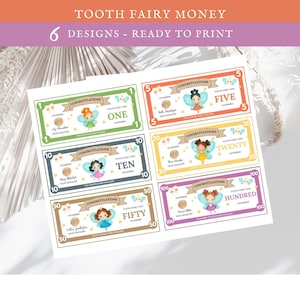 Argent à imprimer de fée des dents, billets de jeu de simulation, activités, astuce pour un parent, faux dollars, cadeau premier bricolage pour les dents perdues, jalon enfant garçon fille