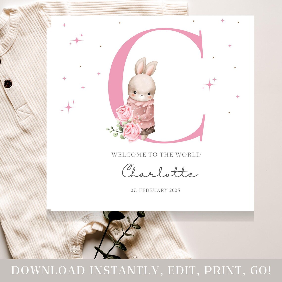 Personalized Baby Girl Card: Rabbit Floral Initial (editable Template ...